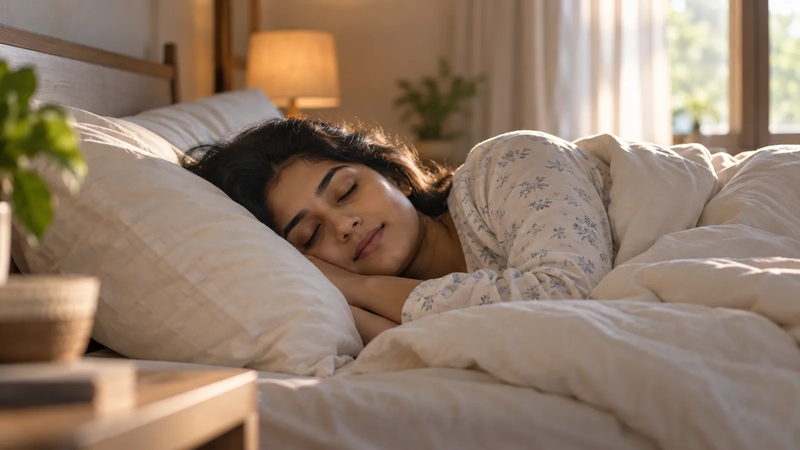 Adult woman sleeping on her side in softly lit ivory bedding.