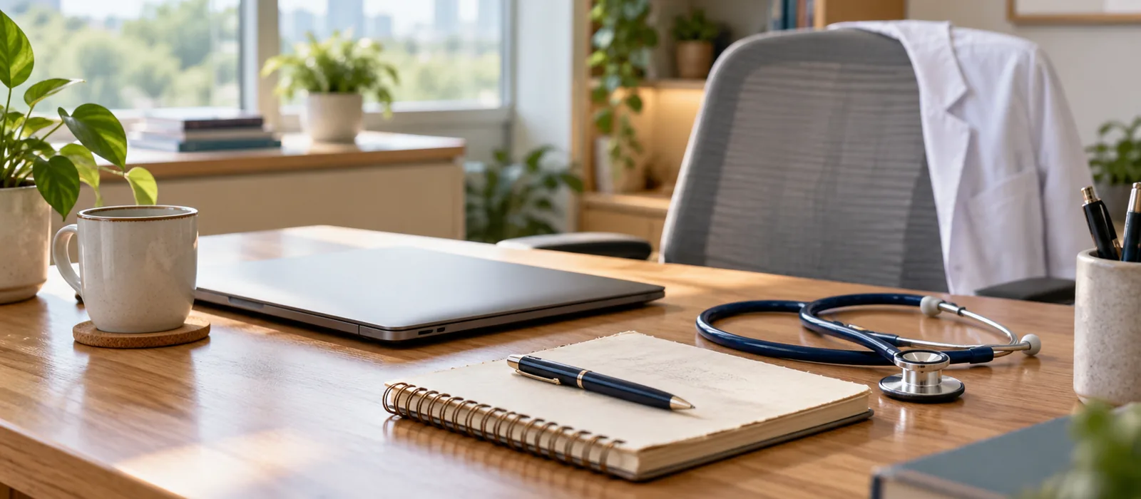 Desk with a closed laptop, notebook and stethoscope in a bright office.